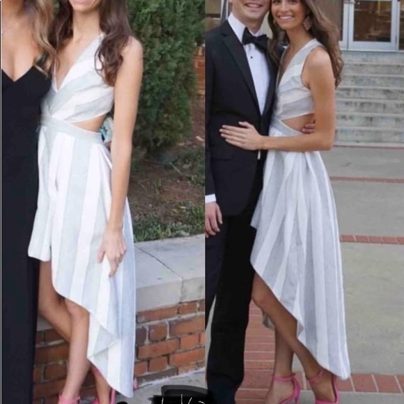 L’ATISTE Gray and White Striped Hi-Lo Dress - Picture 1 of 1